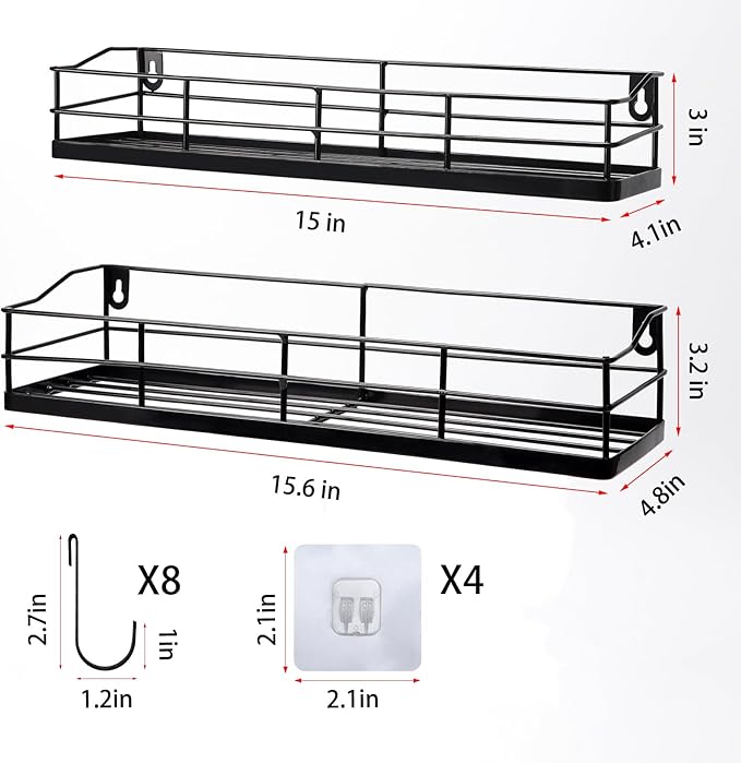 Lyeasw Black Floating Shelves Wall Mounted with 8 Removable Hanging Hooks, 15-Inch Adhesive Shower Shelf Organizer for Bathroom Kitchen Storage Rack, Set of 2