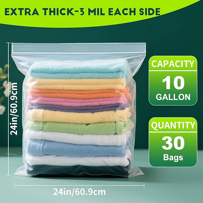 TUXIYA 30PACK 10 Gallon Extra Large Zipper Plastic Bags for Storage 24'' x 24'',Extra Large Clear Zipper Bags Reusable for Clothes, Home Moving, Travel, Camping, Thick 6 Mil
