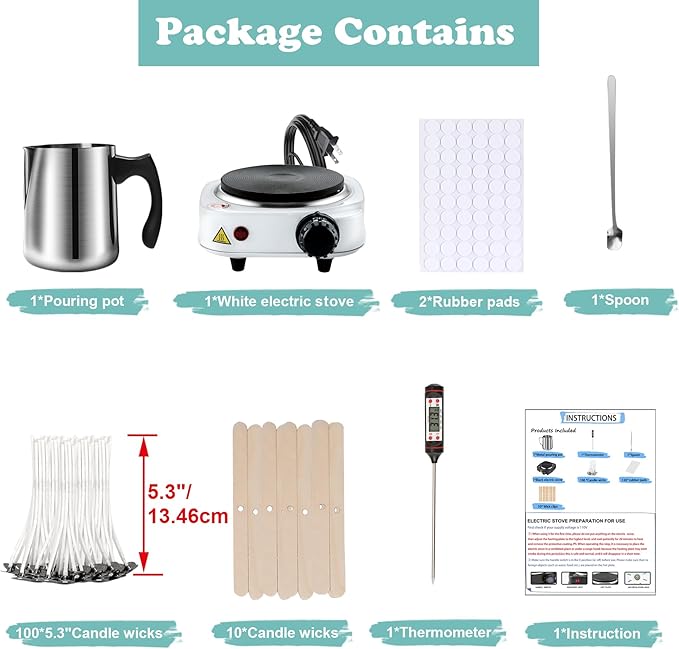Candle Making Kit, Wax Melter For Candle Making, DIY Candle Making Supplies For Adults,Beginners, Including 500w Electric Stove, 900ml Melting Wax Pouring Pot, Candle Wick, Spoon, Thermometer(White)