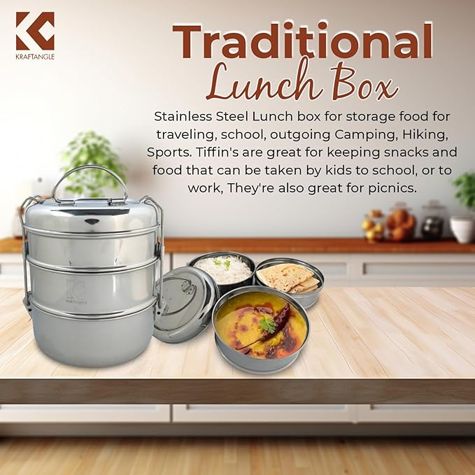 Indian-Tiffin Stainless Steel 3 Tier Large Lunch Box Snack Box/Food Container Airtight Leak Proof 3 Compartment Suitable for Office Use, Outdoor Lunches/Dining
