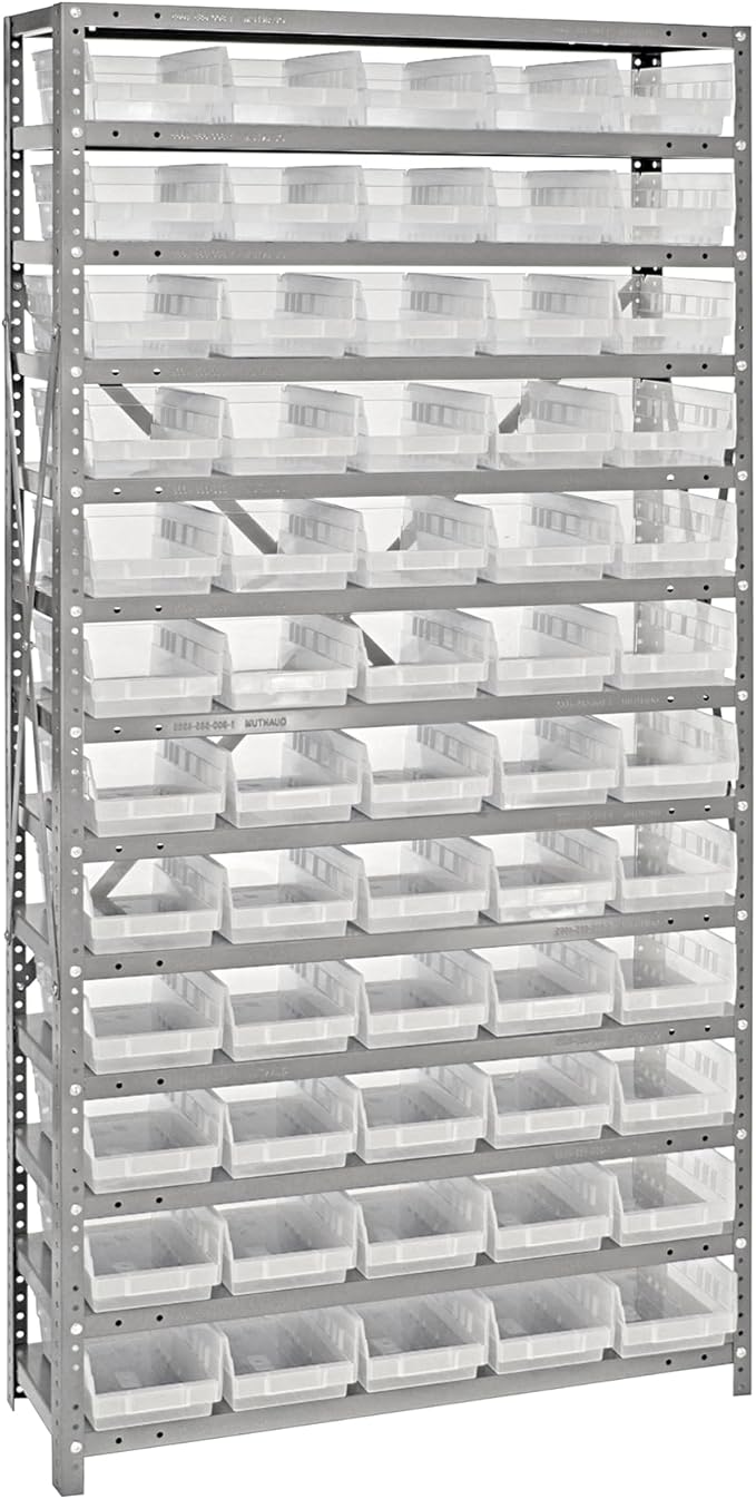 Quantum Storage Systems 1875-104CL Clear-View Sloped Shelving Unit with 4" Shelf Bins, 60 QSB104 Shelf Bins, 18" D x 36" W x 75" H