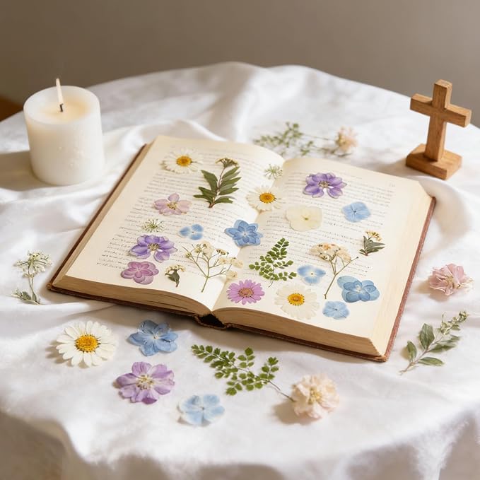 Dried Pressed Flowers Real Pressed Flowers Natural Dry Leaves Bulk Mixed Colorful Herbs Kit with Tweezers for Scrapbooking DIY Candle Jewelry Crafts Making Nails (White, Purple, Blue)