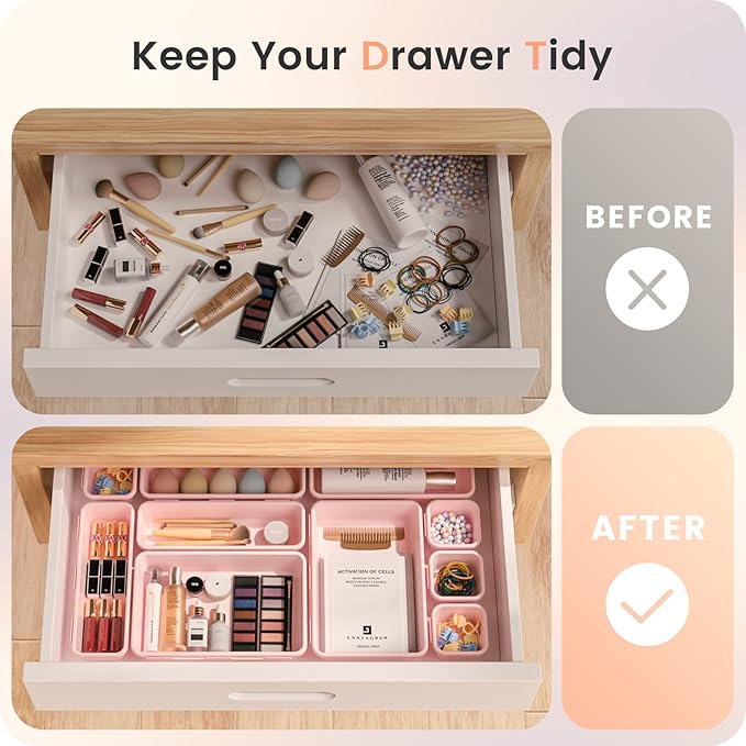【𝟮𝟴𝗣𝗖𝗦】 【𝟱𝗦𝗶𝘇𝗲】 Pink Drawer Organizer, Makeup organizer, 【Holds 177 Items】 Bathroom Organizers and Storage, Plastic Desk Organizer Divider, Organizer Bins for Office Vanity A-LUGEI
