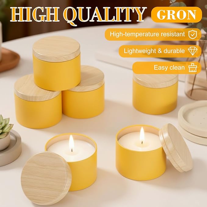 Honeydak 36 Pcs 4oz Yellow Candle Jars Bulk Candle Tins Small Empty Containers with Metal Wood Grain Printing Lids for Making DIY Jars Storage Wedding Gifts