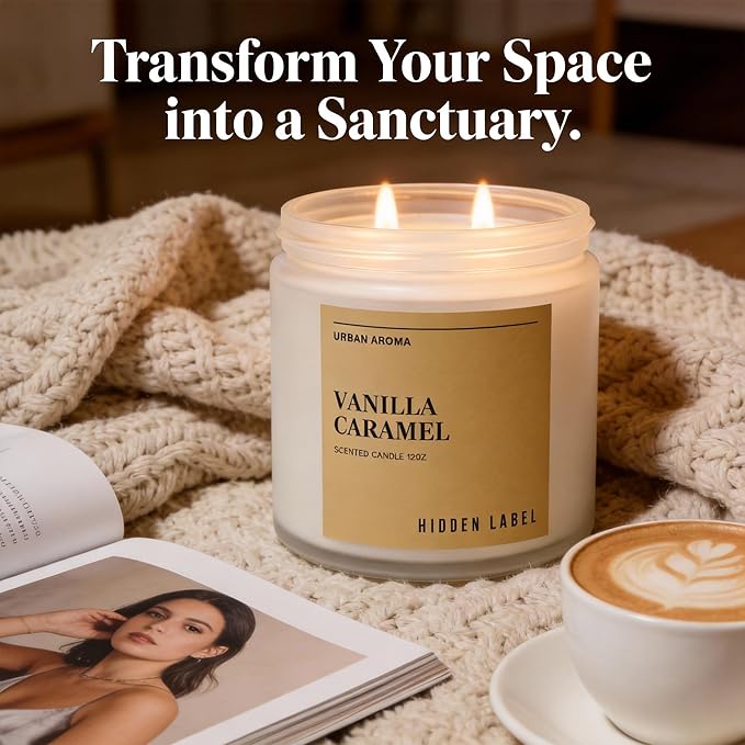 Hidden Label Vanilla Caramel Scented Candle, 12oz Large Soy Wax Candle for Home Scented, 70H Long Lasting 2-Wick Non Toxic Aromatherapy, Sweet & Cozy Home Decor Gift for Relaxation, Stress Relief