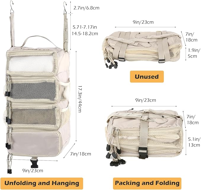 TABITORA Travel Luggage Organizer Hanging Packing Cubes Portable Hanging Shelves Carry on Closet for Suitcase with 2 Hooks,Collapsible(Beige,S)