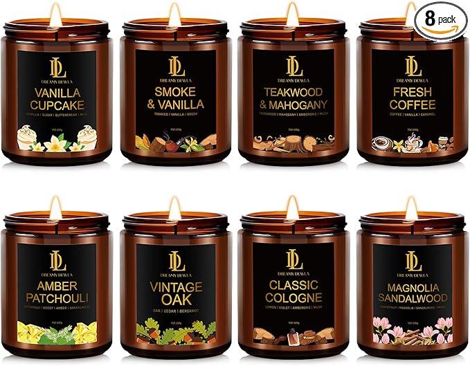 8 Pack Candles for Home Scented, Scented Candles Gifts Set for Women Men, 56 oz Soy Candle Set, Scents of Teakwood/Smoke Vanilla/Cologne/Coffee/Patchouli/Oak/Sandalwood/Cupcake