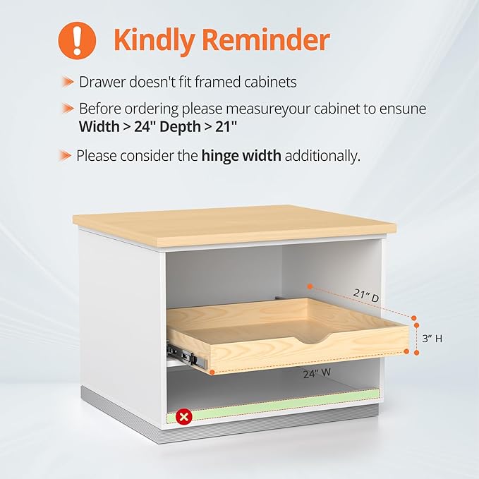 ZOINLIY 24''W X 21''D X 3''H Wooden Pull Out Drawer for Cabinet, Cabinet Organizer for Kitchen, Soft Close Slide Out Shelves, Heavy Duty, Fully Expandable