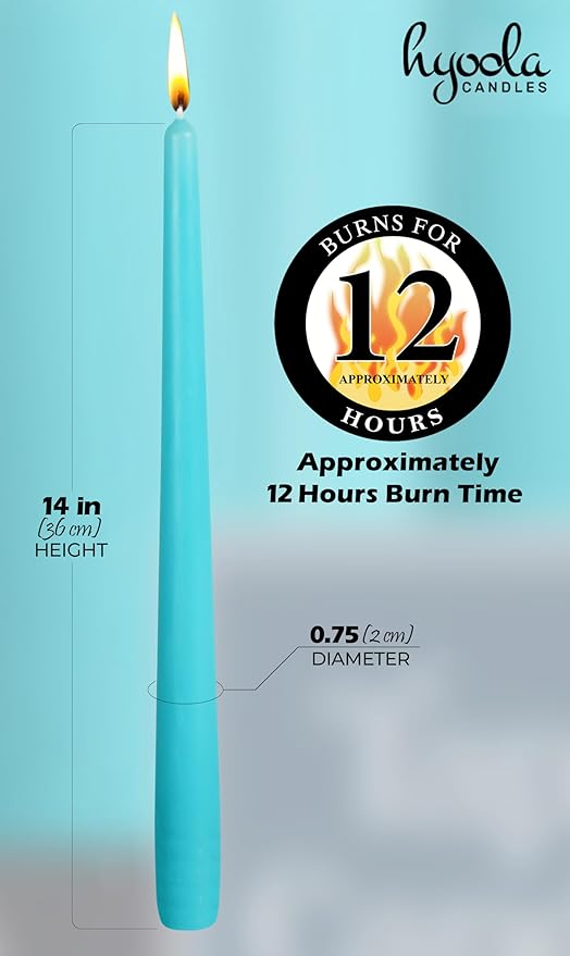 Hyoola Tall Taper Candles - 14 Inch Turquoise Dripless, Unscented Dinner Candle, Paraffin Wax with Cotton Wicks - 12 Hour Burn Time (Pack of 12) - Light Blue