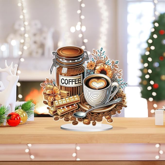 antor DIY Diamond Painting Desktop Ornament Coffee, 10x9.3in Acrylic Special Shape Diamond Art Kit Ornaments with Stand, Coffee and Chocolate Design, Tabletop Decoration for Home Crafts Gifts