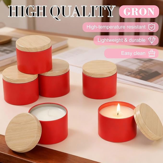 Honeydak 36 Pcs 4oz Red Candle Jars Bulk Candle Tins Small Empty Containers with Metal Wood Grain Printing Lids for Making DIY Jars Storage Wedding Gifts