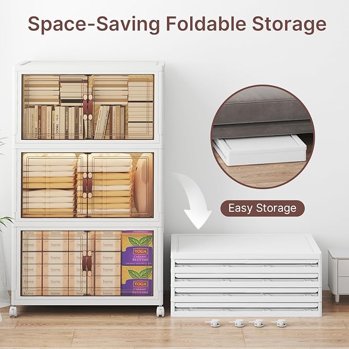UAMFURI Stackable Storage Bins with Lids, 360QT Closet Organizers, Lockable Storage Cabinet，Foldable Storage Box with Doors and Wheels, Plastic Drawers for Home, Garage, Office (3, White, Large)