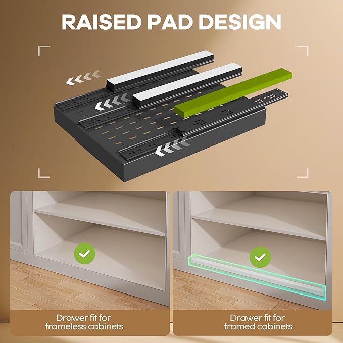 Seinloes 4 Pack Pull Out Cabinet Organizer 21" Deep with Raising Pad for Framed Cabinets, Expandable (9"-14" W) Slide Out Drawers for Kitchen Cabinets with 4pcs Divider Racks, Roll Out Shelves, Black