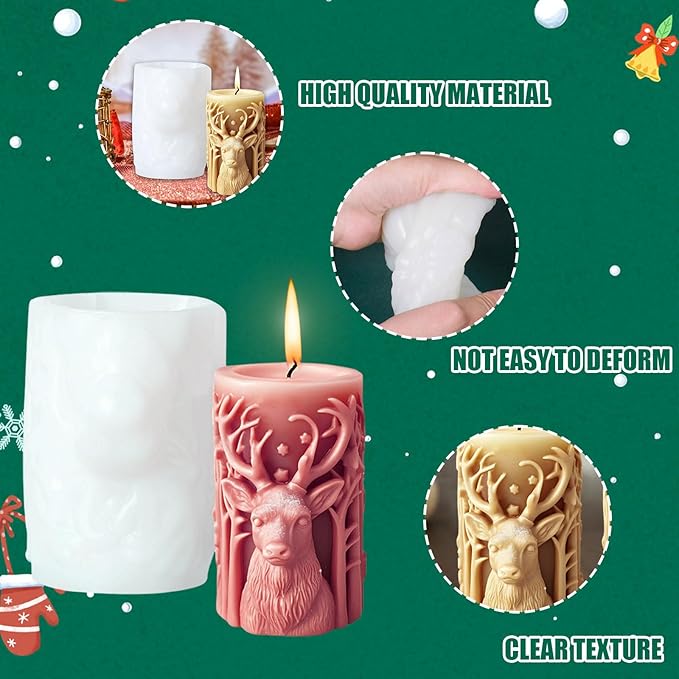 Elk Candle Moulds for Candle Making, Deer Pattern Pillar Candle Mold, Christmas Reindeer Silicone Mold for Soy Wax Candle, Aromatherapy Candle, Gypsum, Plaster, Home Decor (Deer Molds)