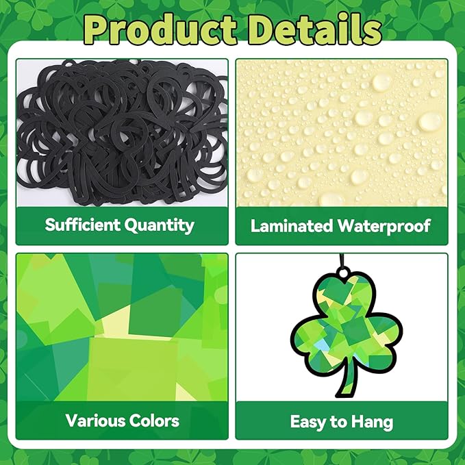 Qyeahkj 36 Set St. Patrick's Day Suncatchers Craft for DIY Shamrock Tissue Paper Craft Kit Lucky Shamrock Stained Glass Window Ornaments Decoration for Home Art Project Party Favor Gift