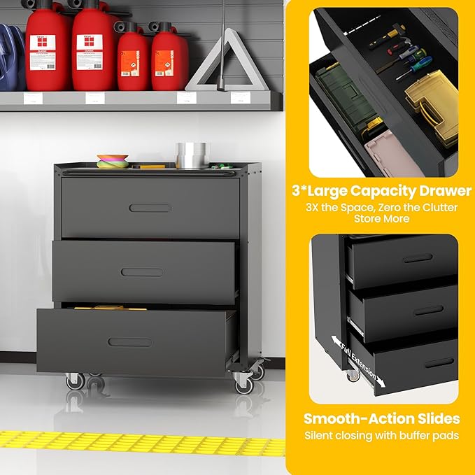 Garage Storage Cabinets with Wheels, Locking Metal Storage Cabinets with 3 Drawers, Easy Assembly Rolling Tool Cabinet for Garage, Basement,Warehouse