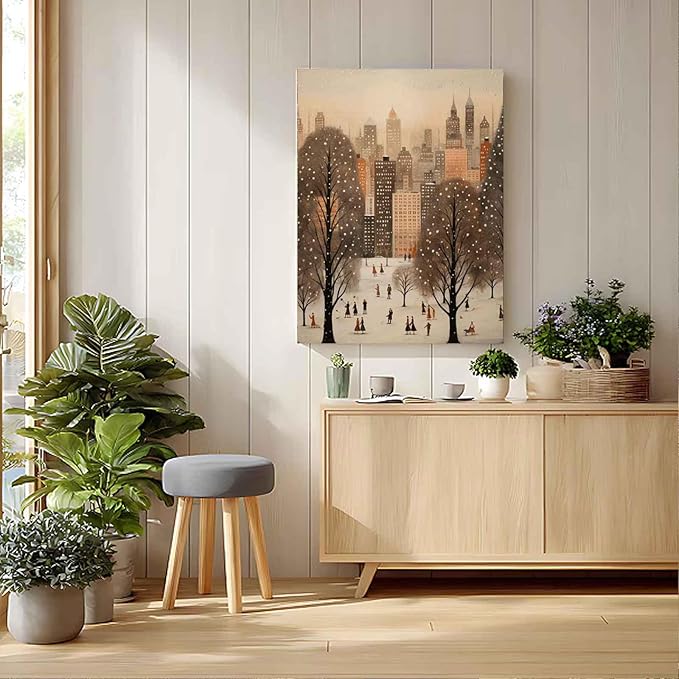 Snowy Winter City Park Scene Paint by Numbers for Adults, Vintage Urban Landscape DIY Painting Kit, Cozy Home Decor 24 Colors 20x24 inch Framed