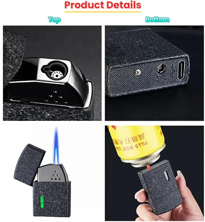 Smart Butane Torch Lighter with 4 Ignition Methods, Voice Activated Windproof Lighter, Straight Jet Blue Flame Refillable Lighters for Candles, Camping (Fuel Not Included) (Gold)