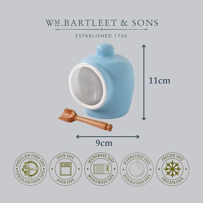 Wm Bartleet & Sons Traditional Porcelain Small Salt Pig with Wooden Salt Serving Spoon - Blue