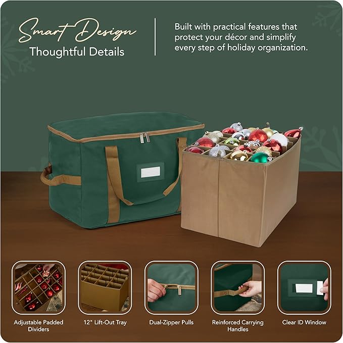 Covermates Keepsakes Adjustable Ornament Storage Bag – Heavy-Duty Polyester, Padded Dividers & FlexGrid Trays – Protective Holiday Ornament Organizer with Handles & Label Window, Green