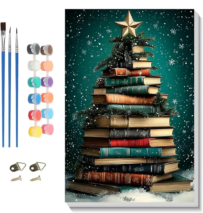 TCDZMYGS Christmas Paint by Numbers Kit for Adults Beginner,Xmas Tree Books Paint by Number Kits with Frame,DIY Acrylic Oil Painting by Numbers for Home Wall Decor 7.9 x 11.8 inch