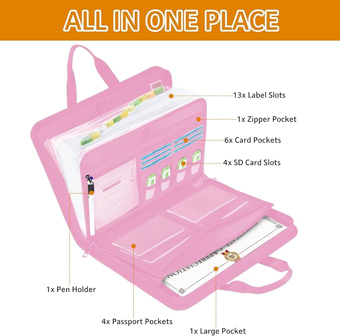 onvvippiv File Organizer Fireproof Expanding Accordion File Folder with Zipper Labels13 Pockets Document Organizer Holder Storage Box Bag for Business Office Receipt Home Travel
