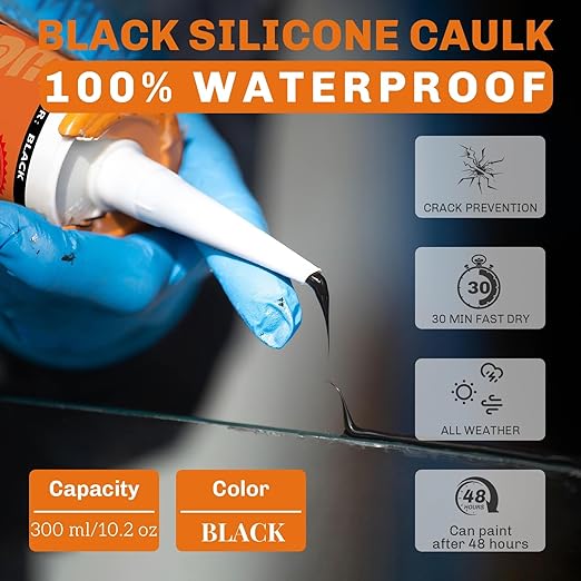 WELLUCK Black Silicone Caulk, 100% Waterproof Silicone Sealant Adhesive Caulking,for RV, Kitchen,Bathroom, Window, Door, Glass, Auto Leak Sealing 10.2FL.OZ/300ML（12 Pack）