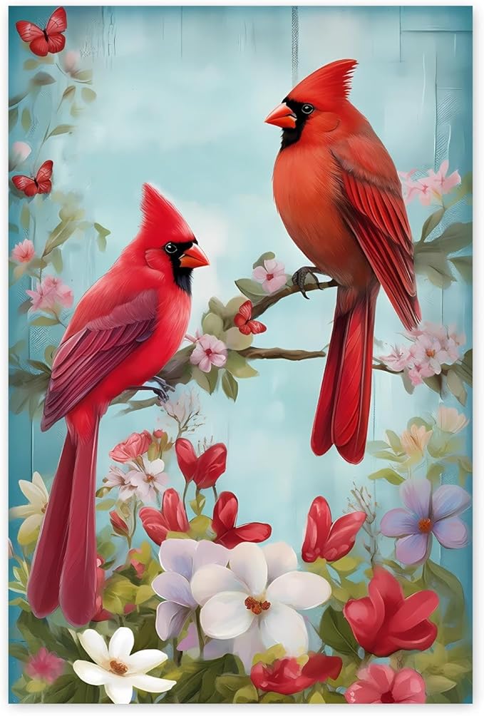 GUAIEUW Red Bird Bouquet Diamond Painting Kit for Adults, Full Round Diamond Cardinal Bird 5D Diamond Painting DIY Art Crafts for Winter Home Wall Decor Holiday Gift 16x24 Inch