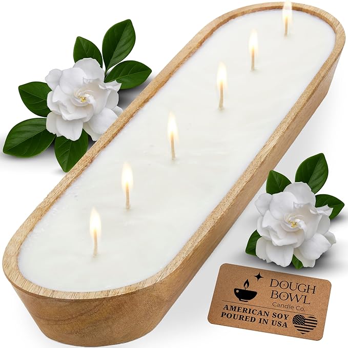 Dough Bowl Candle Co. Gardenia Tuberose Soy Candle - 6 Wick Rustic Farmhouse Coffee Table Decor, Odor Eliminator in Wooden Bowls, 32 Ounce Wooden Dough Bowl Candle, All-Natural Gifts for Women or Men