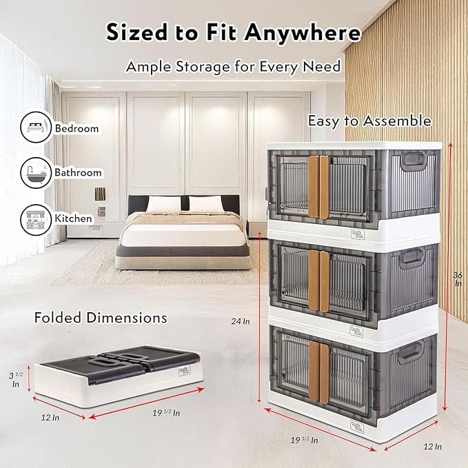 FELICON 19 Gallon 1 Pack Stackable Storage Bins with Lids,Doors,Wheels,Collapsible Organizer Foldable Container,Wardrobe Closet for Bedroom Living Room Neat,Dorm,Organized Homes(White)