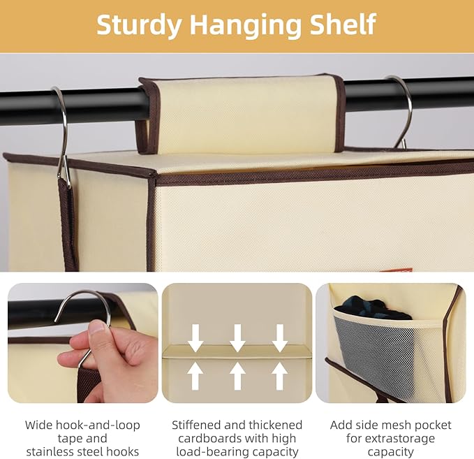 Hanging Closet Organizer 6-Shelf, Upgrade Hanging Shelves for Closet with 5 Removable Drawers & Side Pockets, Hanging Shelf Organizer for Bedroom or Garment Rack, 12.6'' x 12.6'' x 44.1'', Beige