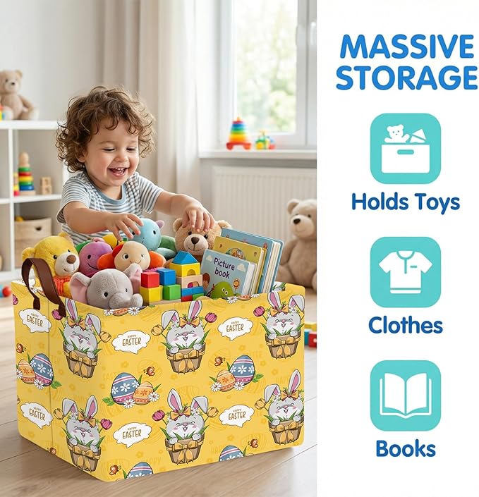 Large Cute Easter Basket for Kid Empty Gift Baby Rectangle Storage Bin Bunny Eggs Boy＆Girl Room Décor (Tulip Rabbit Yellow)