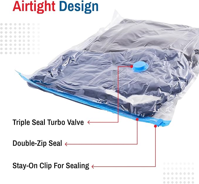 Premium Space Saver Vacuum Storage Bags - Space Saver Bags Jumbo 6 Pack - Save 80% More Storage Space - Reusable, Double Zip Seal & Leak Valve, Includes Travel Hand Pump