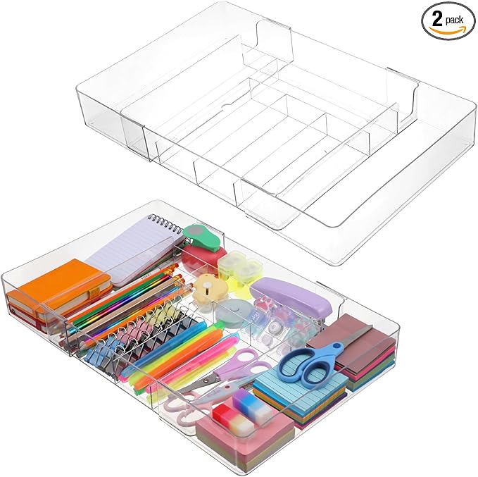 2 Pcs Clear Expandable Drawer Organizer, Adjustable Drawer Dividers Tray with Compartments for Office, Kitchen, Desk Supplies