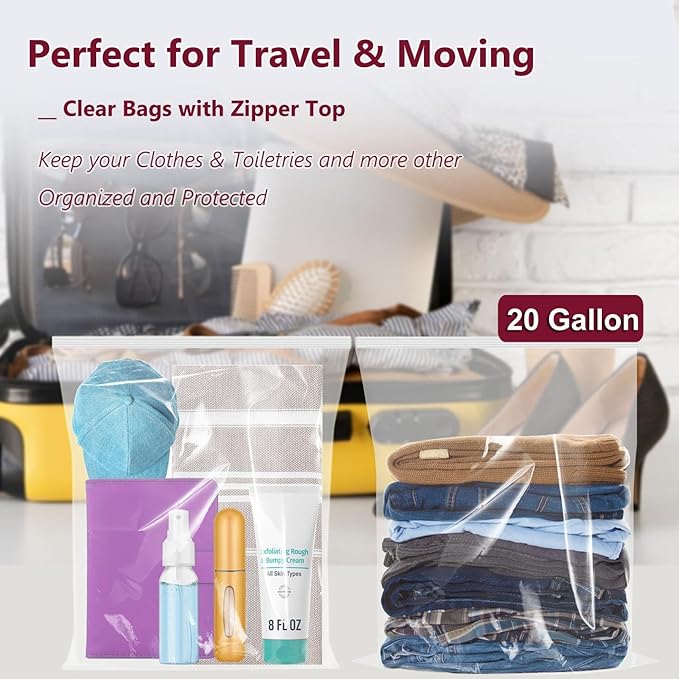 Extra Large Plastic Bags With Zipper Top, 24x32in,3-Mil Thick,5 Pack,Storage Bags for Clothes,Travel, Moving, Reusable,Heavy-Duty,BPA-Free, Clear Plastic