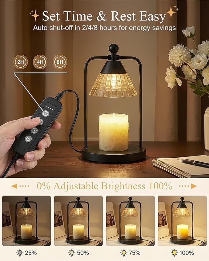 Candle Warmer Lamp with Timer Dimmer, Electric Wax Melt Warmer Lamp for Jar Candles Lights, Candle Lamp Warmer with 2 Bulbs, Birthday Gifts for Women, House Warming Gifts New Home Decor, Black