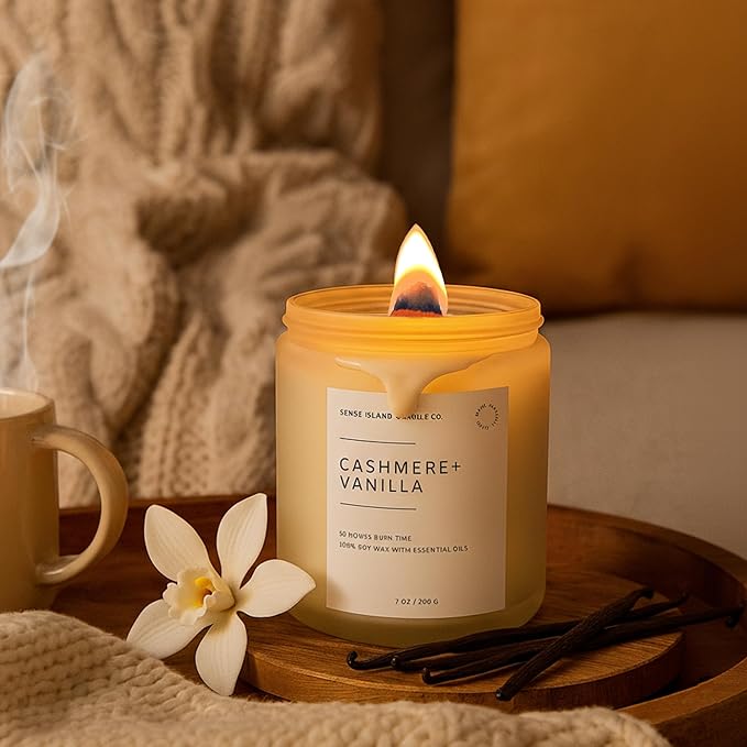 Crackling Wood Wick Vanilla Cashmere Scented Candle Natural Soy Wax 50 hrs Long Lasting Hand-Poured Highly Scented Crackle Wooden Wick Soothing Sound