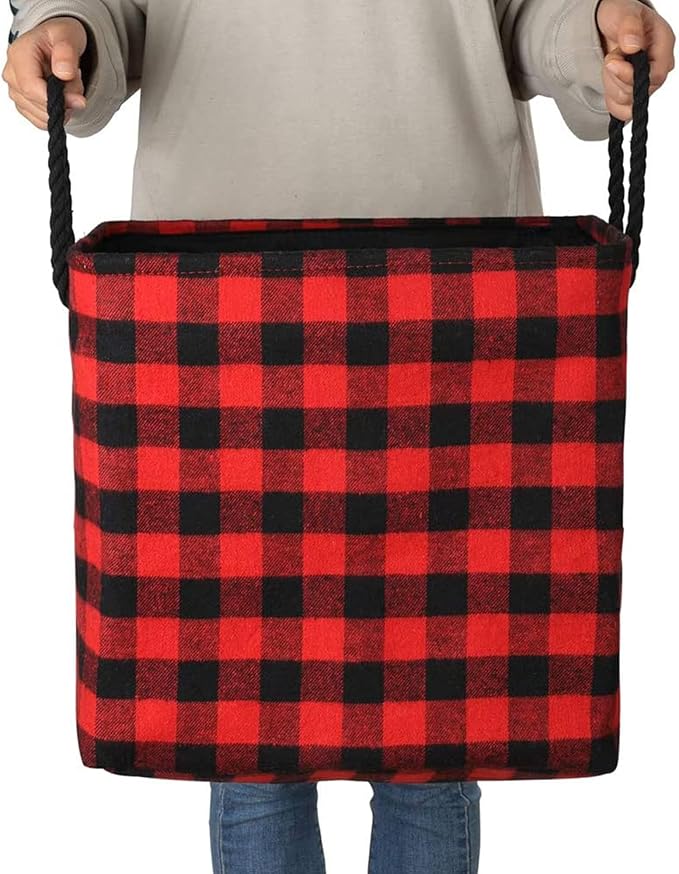 Large Rectangular Foldable Storage Laundry Baskets with Cotton Rope Handles Nursery Soft Felt Fabric Bins Delicate Home Organizer Solution, Red Black Grid, L