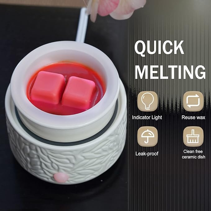 Wax Melt Warmer with Silicone Liner, Electric 3-in-1 Wax Melter, Ceramic Candle Warmer for Scented Wax, Scent Oil Burner for Home Aromatherapy, White