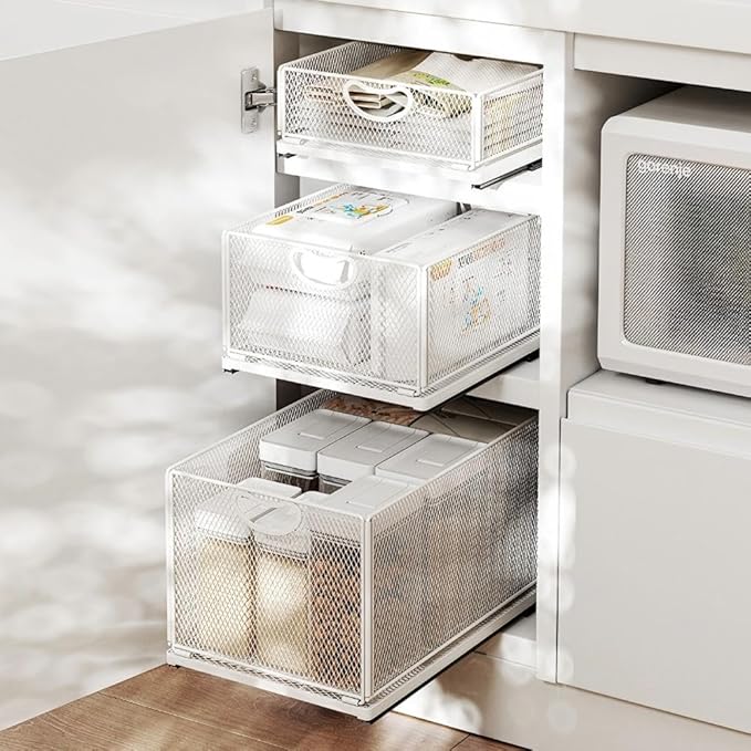 2 Pack Pull Out Cabinet Organizer, No Drill Adhesive Sliding Drawers for Kitchen, Metal Mesh Wire Storage Shelf for Pantry & Under Sink, White (9.6" W x 11.8" D x 8.4" H)