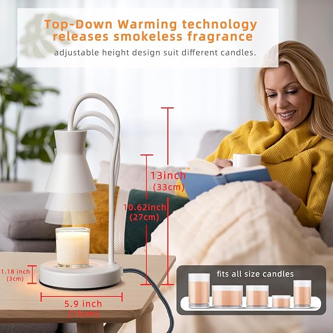LALISU Candle Warmer Lamp with Timer and Dimmer, Vintage Electric Candle Melter with 2 Bulbs, Melter Scented Candle Height Adjustable Compatible with Jar Candles, House Warming Gifts (White)