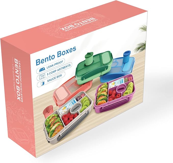 Kids & Adult Bento Lunch Box - 5 Compartment Lunch Containers, Sauce Vontainers, Microwave, Dishwasher & Freezer Safe (Pink)