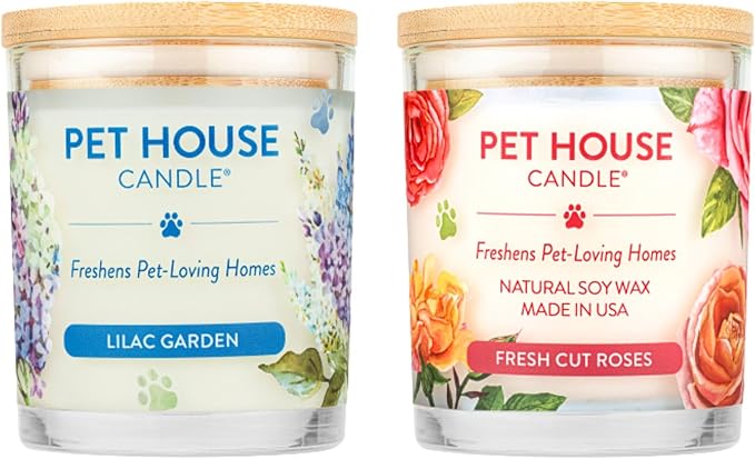 Pet House Candles, Long Burning Scented Candles for Home, Plant-Based, 60 Hour Burn Time - Lilac Garden and Fresh Cut Roses, 9 oz, 2 Pack
