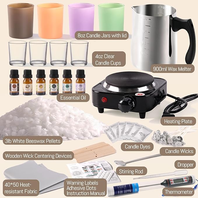 simeitol 3lb White Beeswax Candle Making Kit for Adults, Complete Gift Set with 10 Premium Jars & Cups, DIY Starter Candle Making Supplies for Home Decor/Gift Crafting/Holiday Party