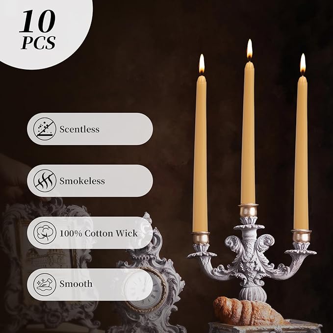 KONNI 0.87×10 Inch Wax Yellow Taper Candles, Unscented and Smokeless Tall Candlesticks, 10 Pack Tapered Candles with Cotton Wicks, Long Burning, Ideal for Weddings, Dinner Parties, and Home Décor