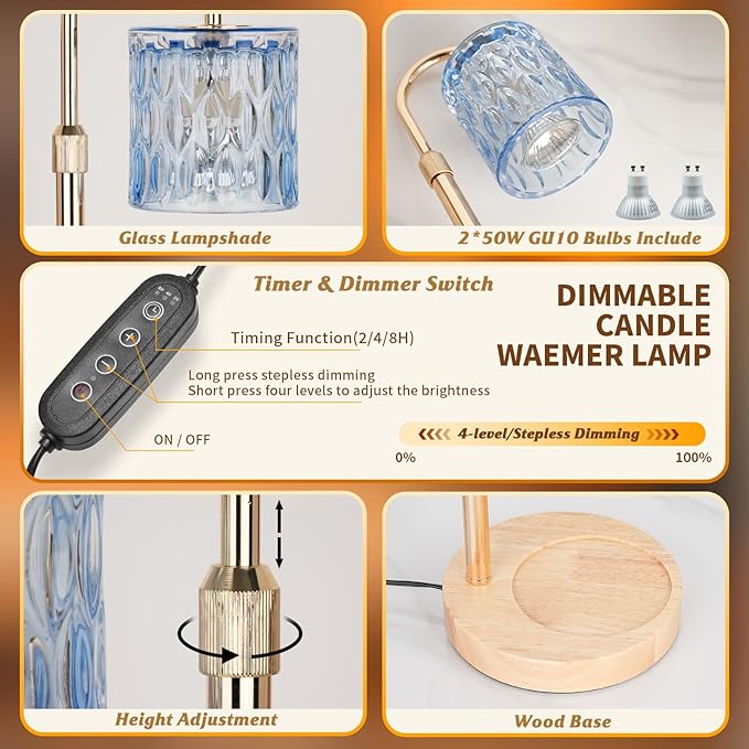 HAIDOLIANG Candle Warmer Lamp with Timer and Dimmer, Height and Brightness Adjustable,Glass Electric Wax Warmer with 2 Bulbs for Women Mom Gifts, Home Decor for Scented Jar Candles (Blue)