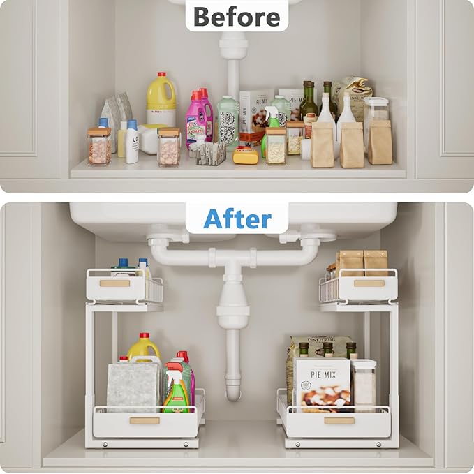 Under Sink Organizer Kitchen - Upgraded Professional Rails, 2 Tier Dual Pull Out Cabinet Storage, Height Adjustable Under Sink Storage, Metal Sliding Drawer for Kitchen & Bathroom, White, 2 Pack