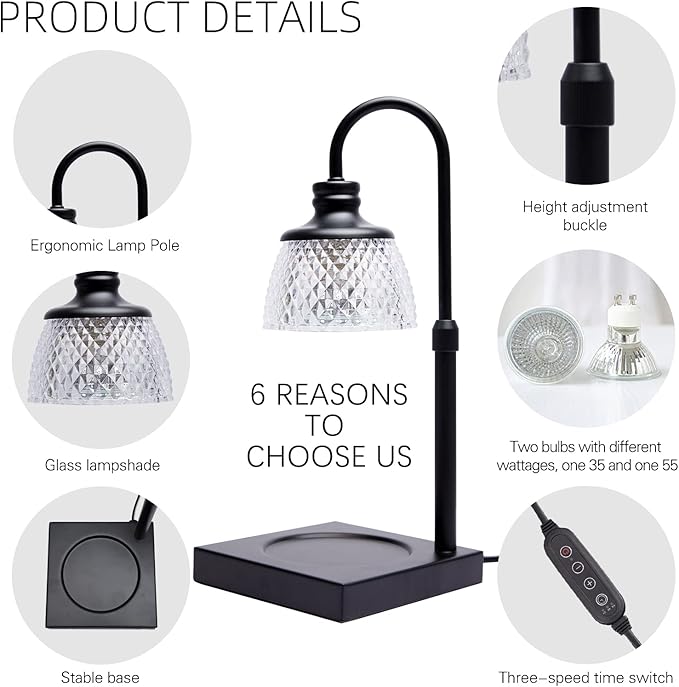 Candle Warmer Lamp, Auto Shut Off with Timer Control, Brightness Heat Level Control with Dimmable Switch, Height Adjustable Top-Down Candle Melting with 2 Bulbs(White)