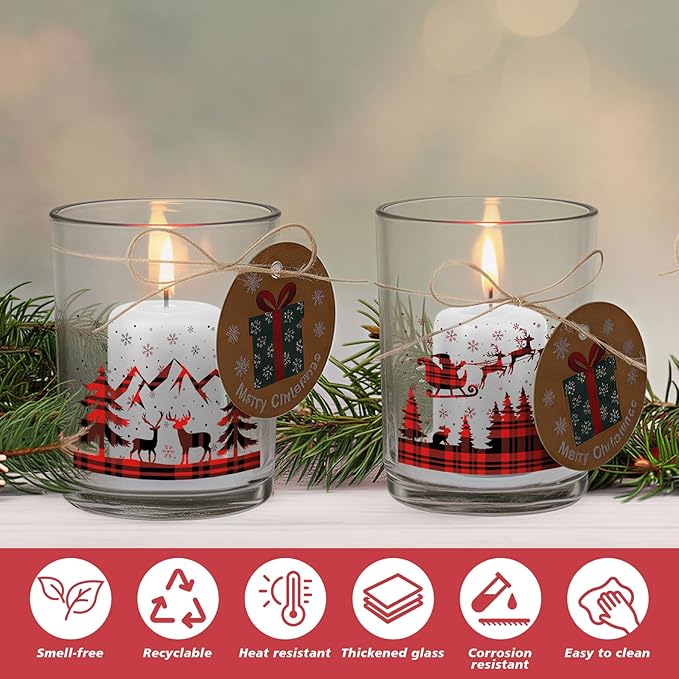 Potchen 12 Pack Christmas Plaid Clear Candle Jars for Making Candles 7 oz Empty Glass Jars with Wood Lids and Blessing Card Xmas Snowflake Candle Containers for DIY Gifts Home Tea Party Holiday Decor