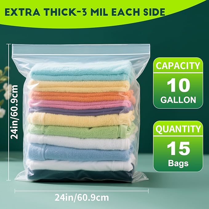 TUXIYA 15PACK 10 Gallon Extra Large Zipper Plastic Bags for Storage 24'' x 24'',Extra Large Clear Zipper Bags Reusable for Clothes, Home Moving, Travel, Camping, Thick 6 Mil